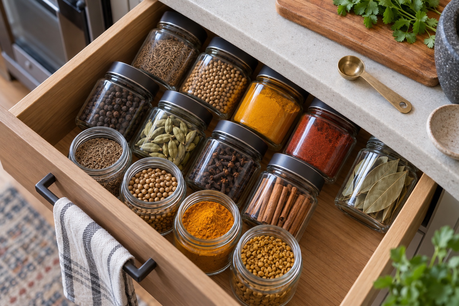 AI-generated illustration: An organized drawer of whole and ground spices for Pakistani cooking.