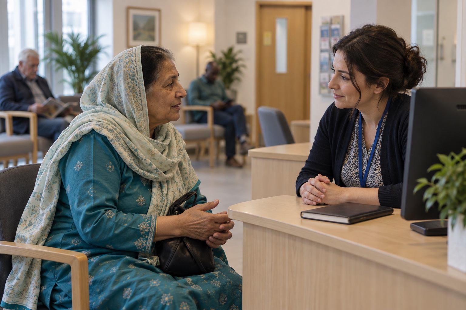 AI-generated illustration: An older Pakistani woman speaking with a receptionist at a fictional GP practice.