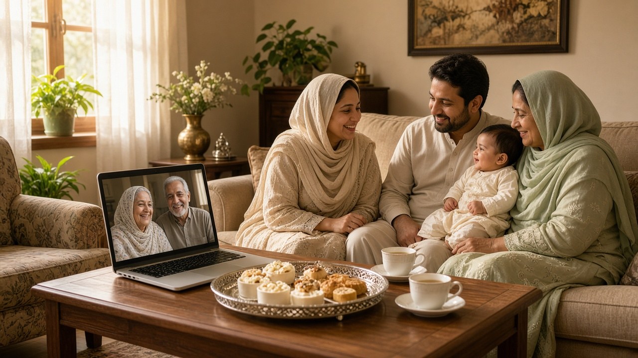 Festive family gathering table for a hybrid celebration