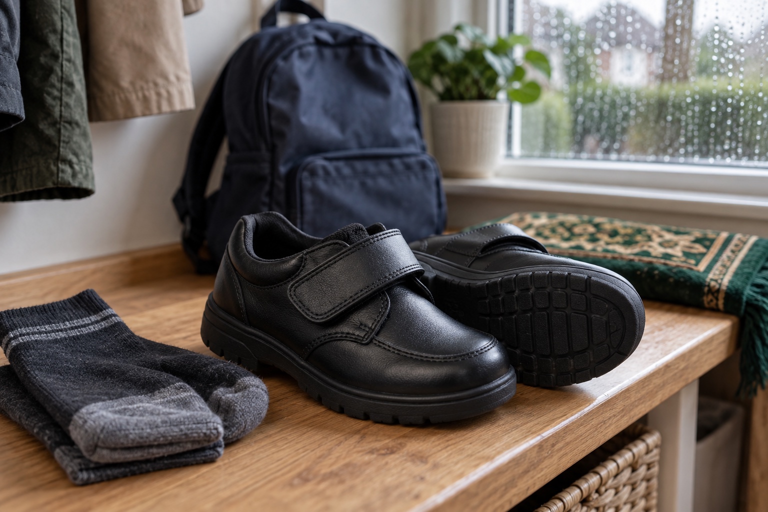 AI-generated illustration: Black school shoes with easy straps and grippy soles beside spare socks.