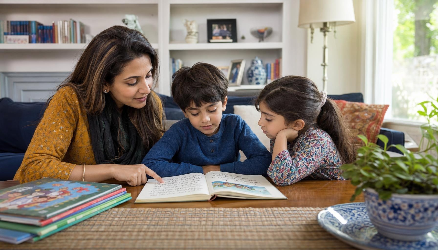 Child-oriented reading atmosphere with books, thematic rather than a specific curriculum endorsement