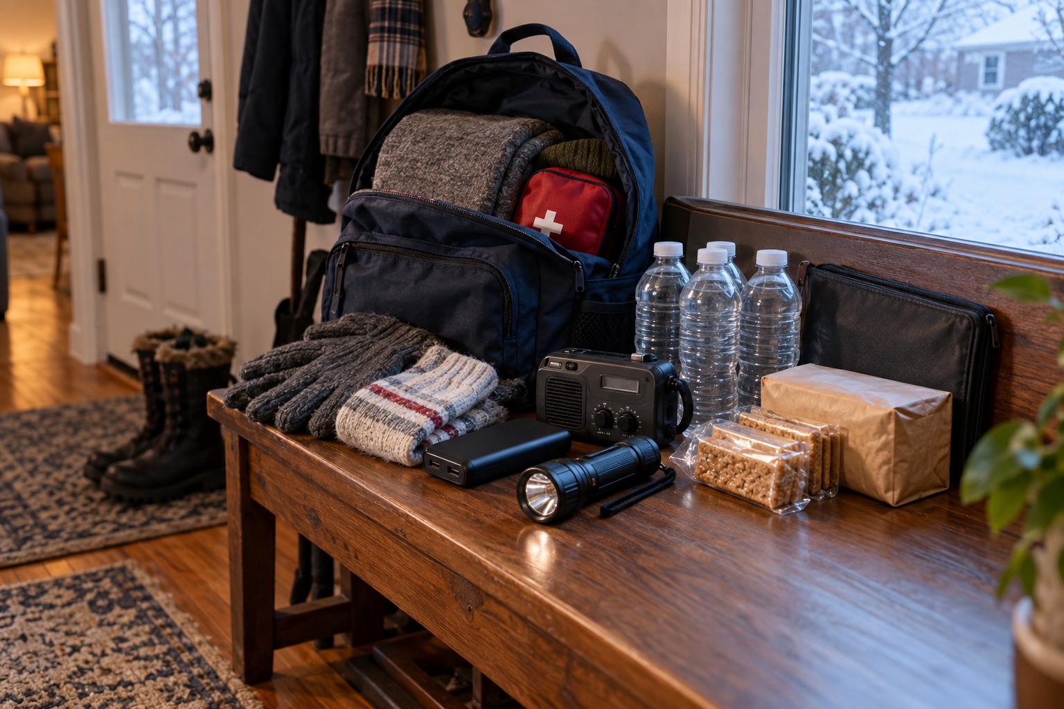 AI-generated illustration: A winter emergency backpack with water, a flashlight, radio, warm clothing and first-aid supplies.
