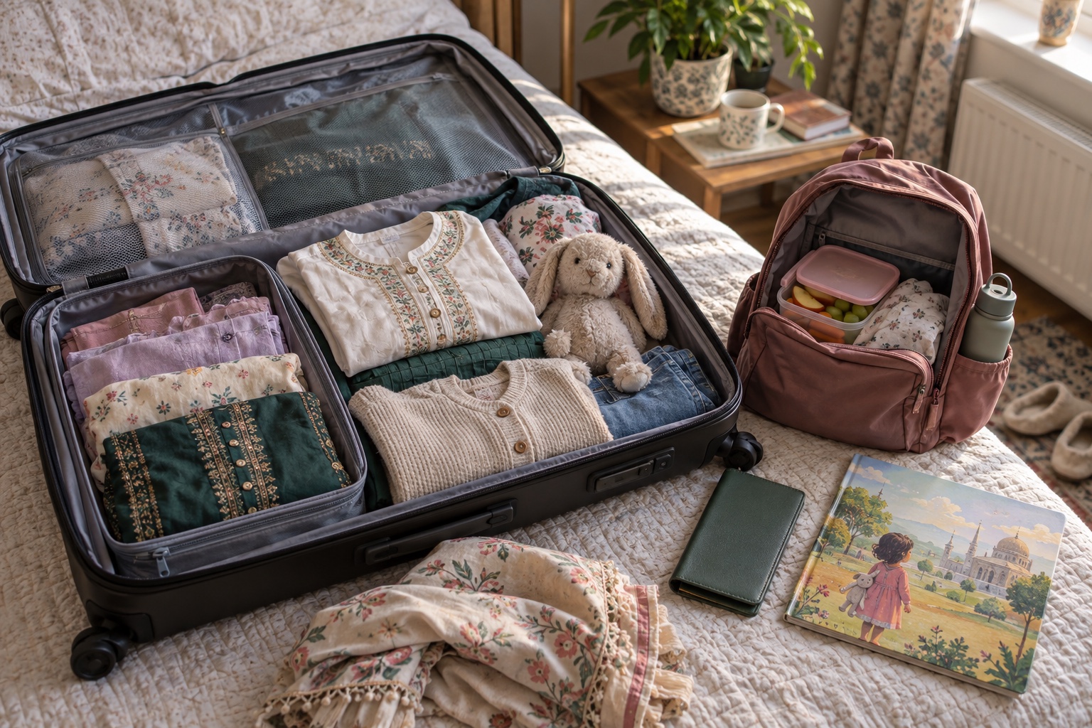Open family suitcase with children's clothes beside a separate cabin bag for documents and medicines.