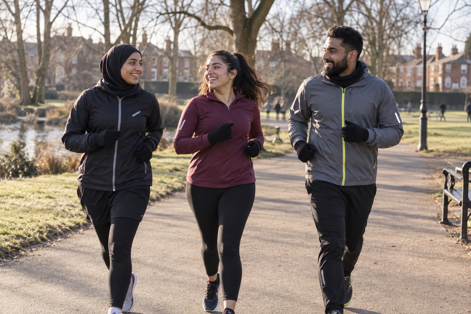 AI-generated illustration: three friends jogging in reflective winter layers on a lit UK pavement.