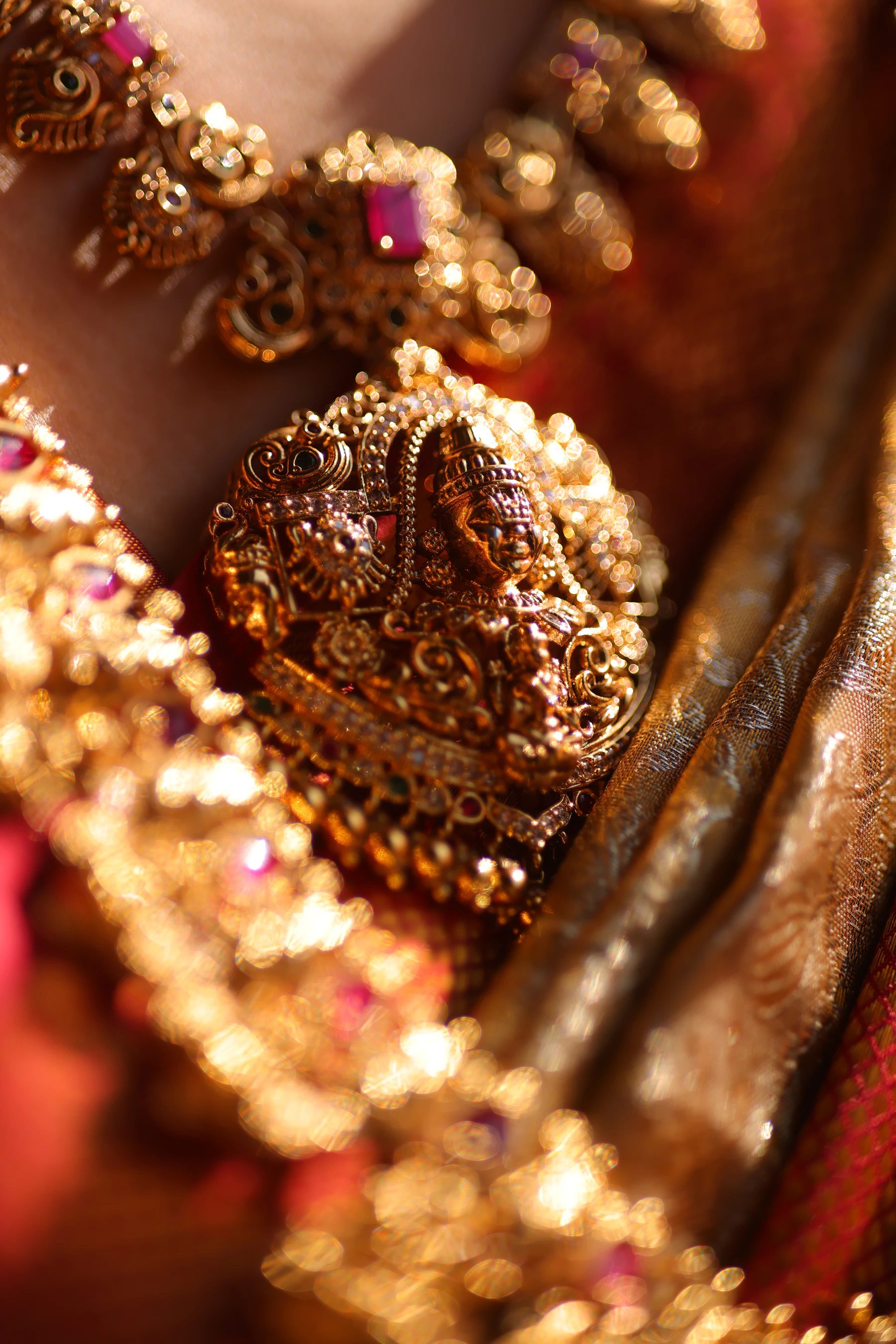 Detailed formal styling where jewellery and fabric need to be handled together.