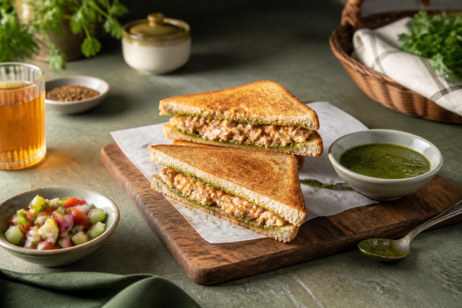 Pakistani chicken sandwiches and chutney fillings for lunch