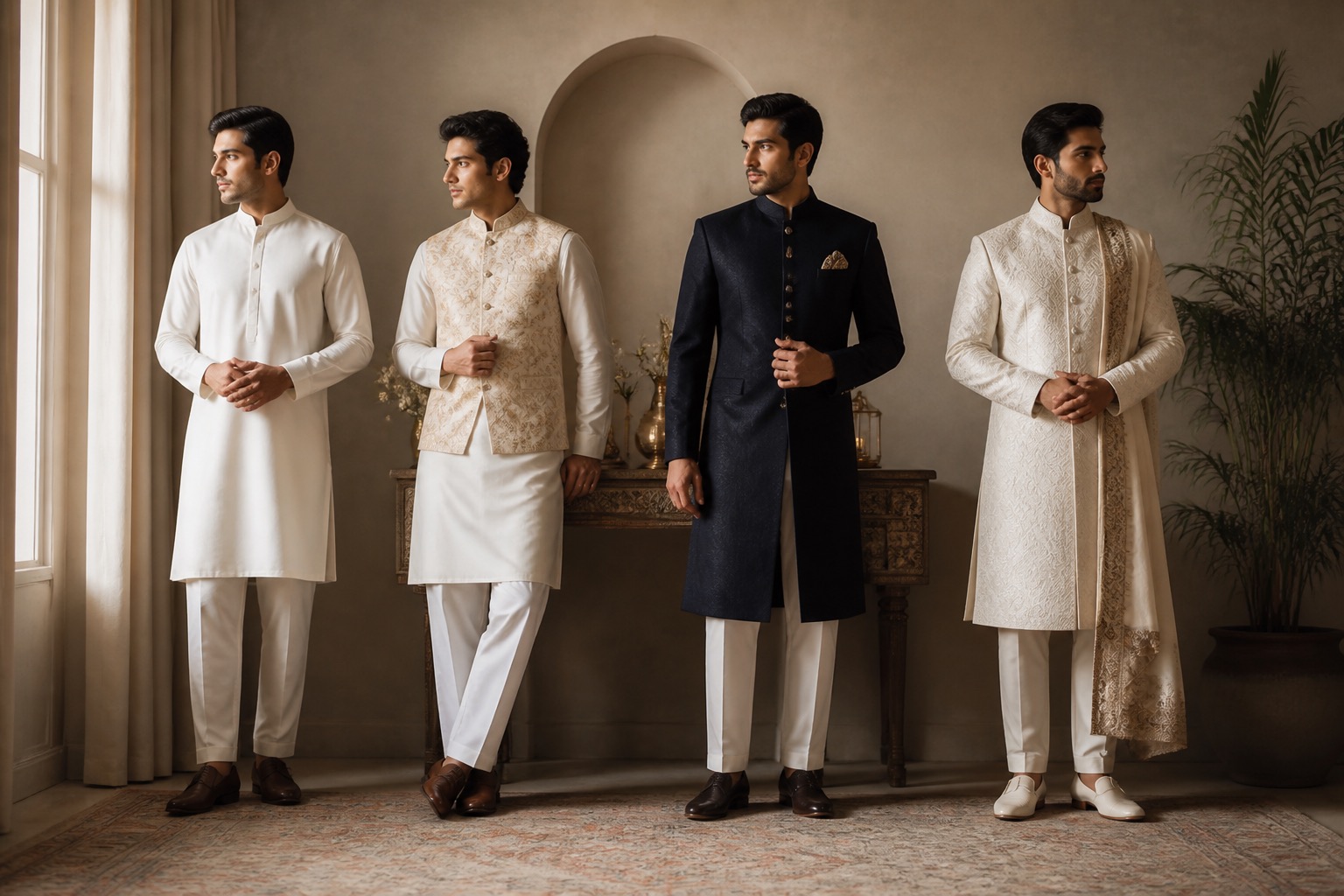 Pakistani menswear for weddings: kurta, waistcoat, achkan, and sherwani