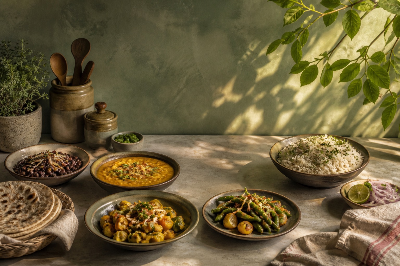 Vegetarian Pakistani meals built around daal, beans, and vegetables
