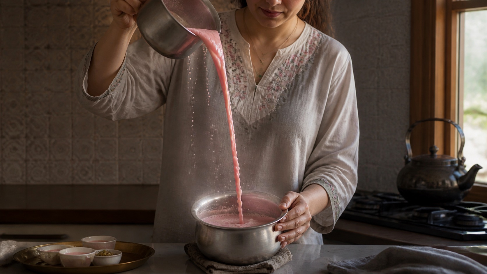 Kashmiri chai at home: colour, aeration, and salt