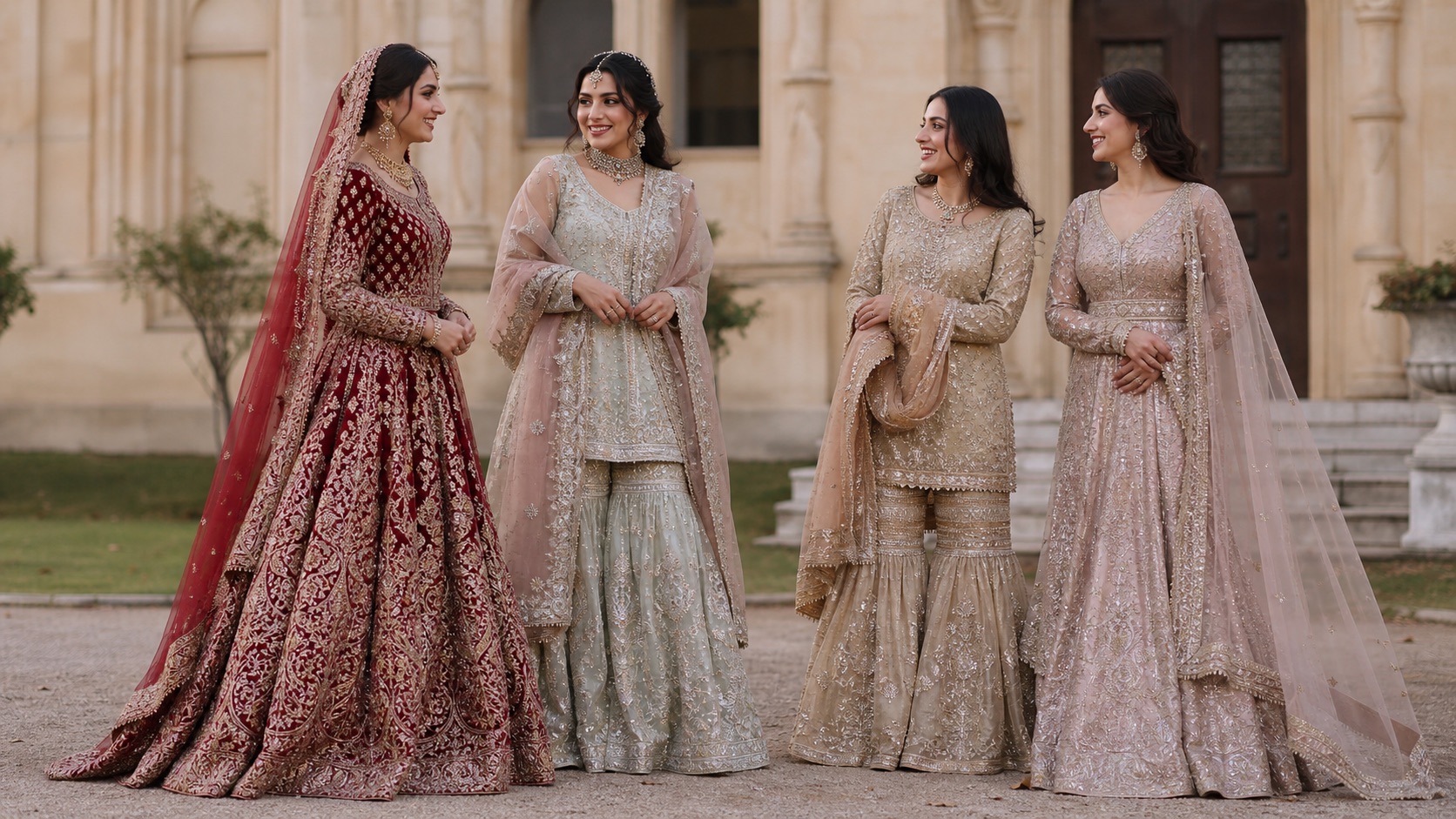 Pakistani bridal dress styles: lehenga, gharara, sharara, and peshwas
