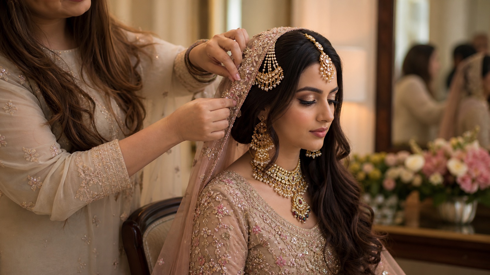 Pakistani bridal hair guide for dupattas and jewellery