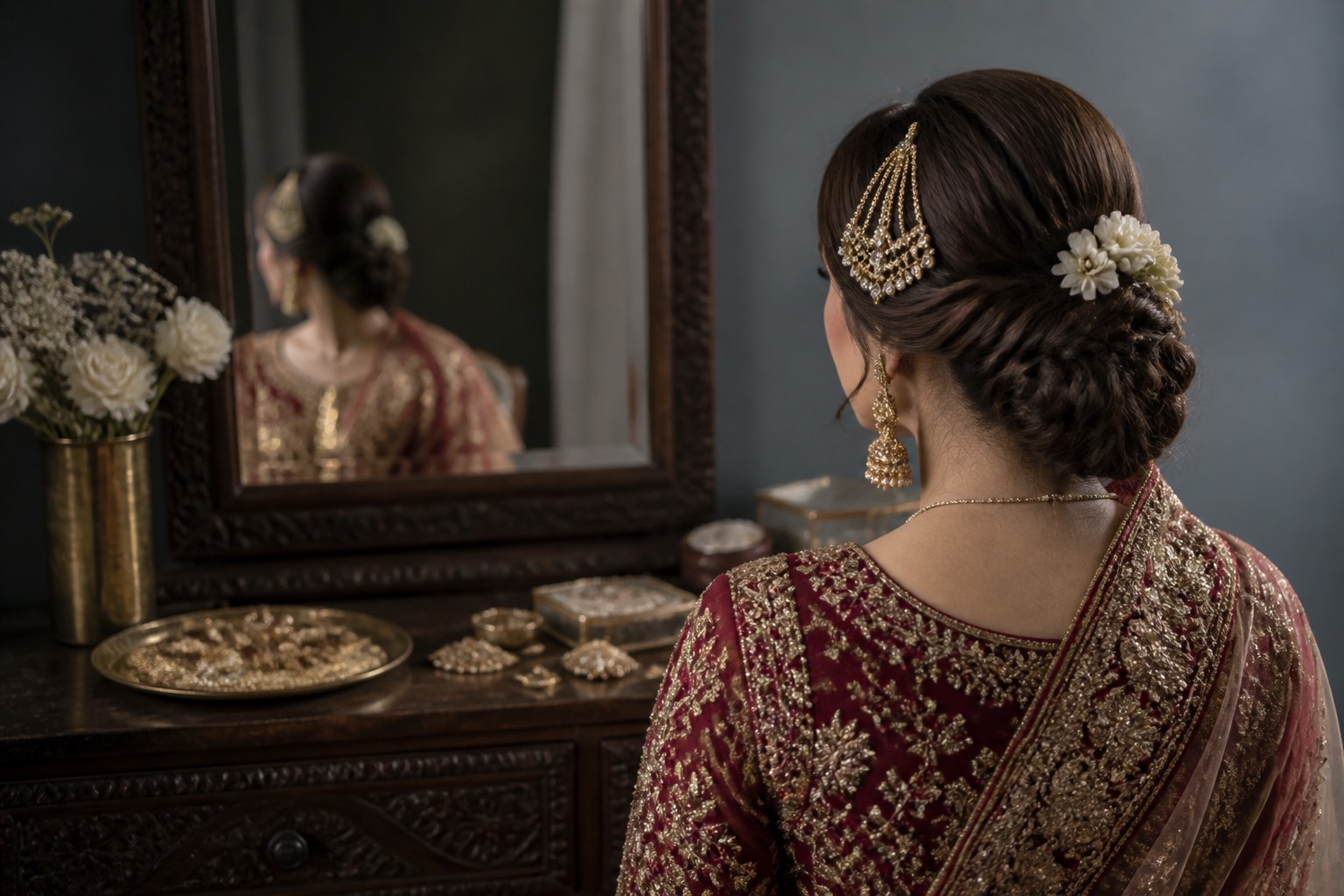 Bridal hairstyle with a centre tikka and side jhoomar secured beneath a draped dupatta